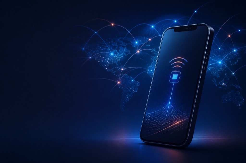 A smartphone with an eSIM symbol against a global connectivity network